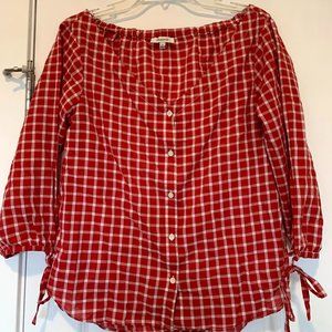 Madewell Red Plaid Off Shoulder Top
